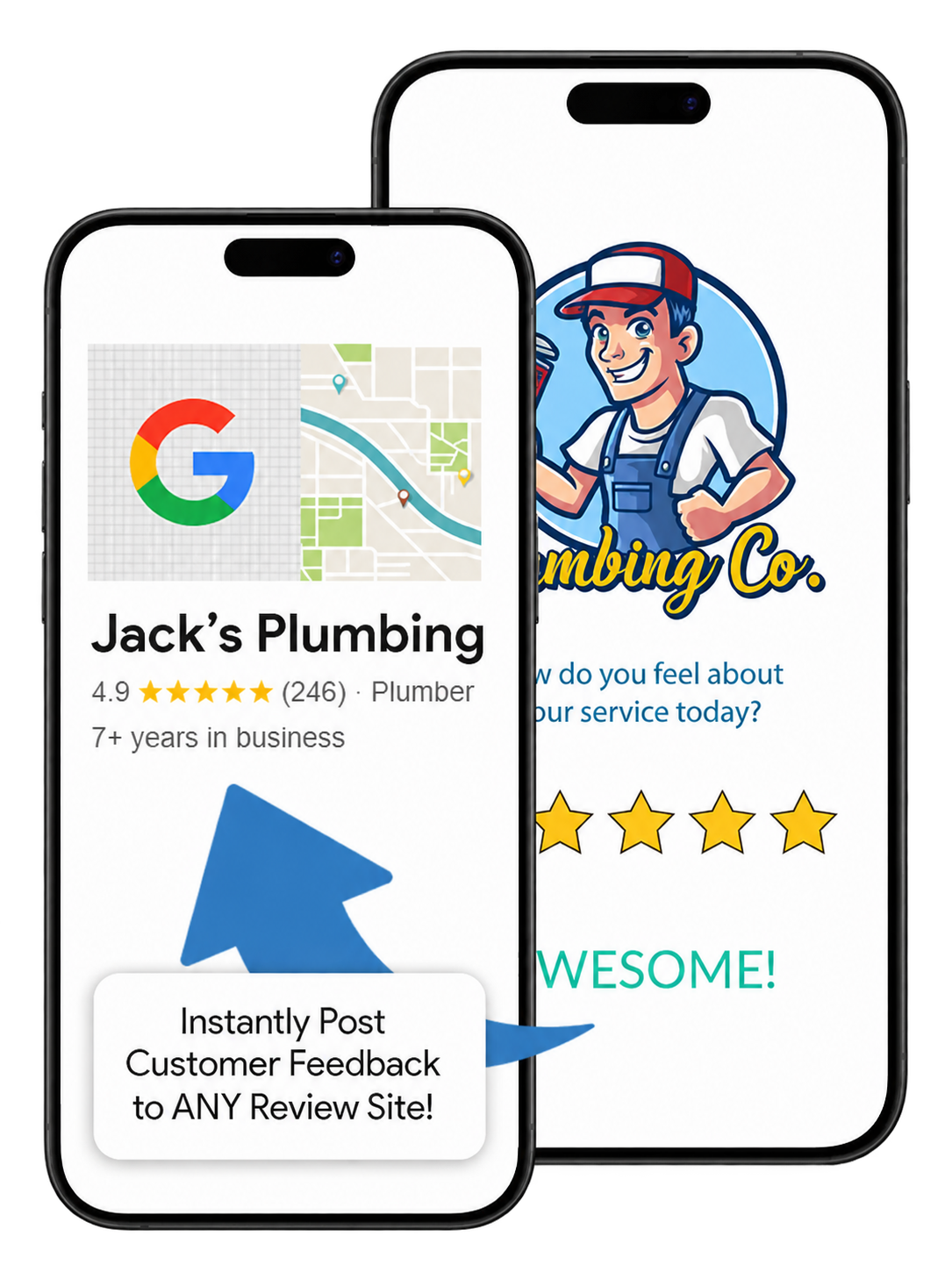 ReviewTec customer feedback and Google review pages shown on two phones