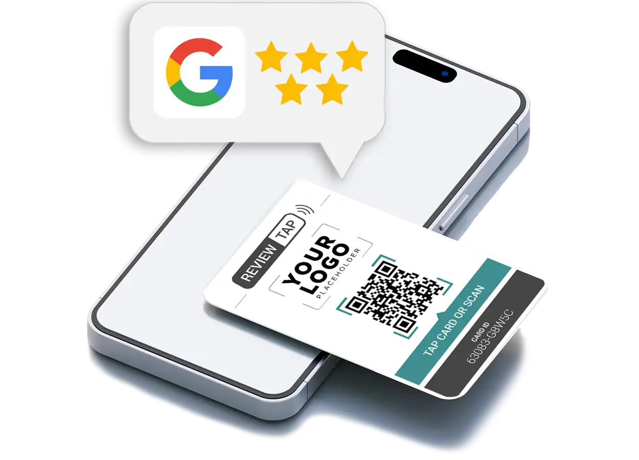 A ReviewTap NFC card and phone showing the tap-to-review experience