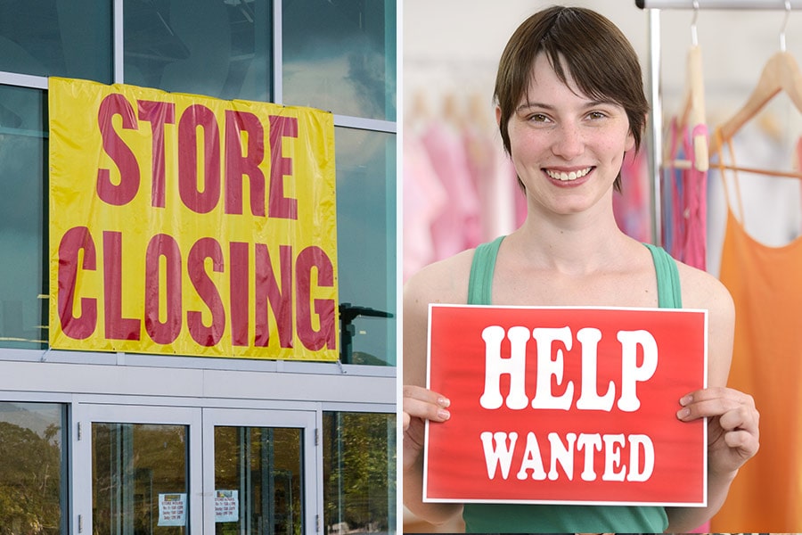 Reviews: Left side: Sign hangs above shop doors reading "Store Closing".<br/>Right Side: Business owner holds sign that reads "Help Wanted"