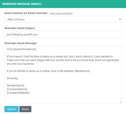 ReviewTec email review request customization screen